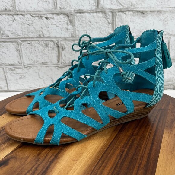 Minnetonka Merida II 71605 Womens 9 Teal Suede Aztec Wedge Gladiator Sandals - Picture 1 of 14